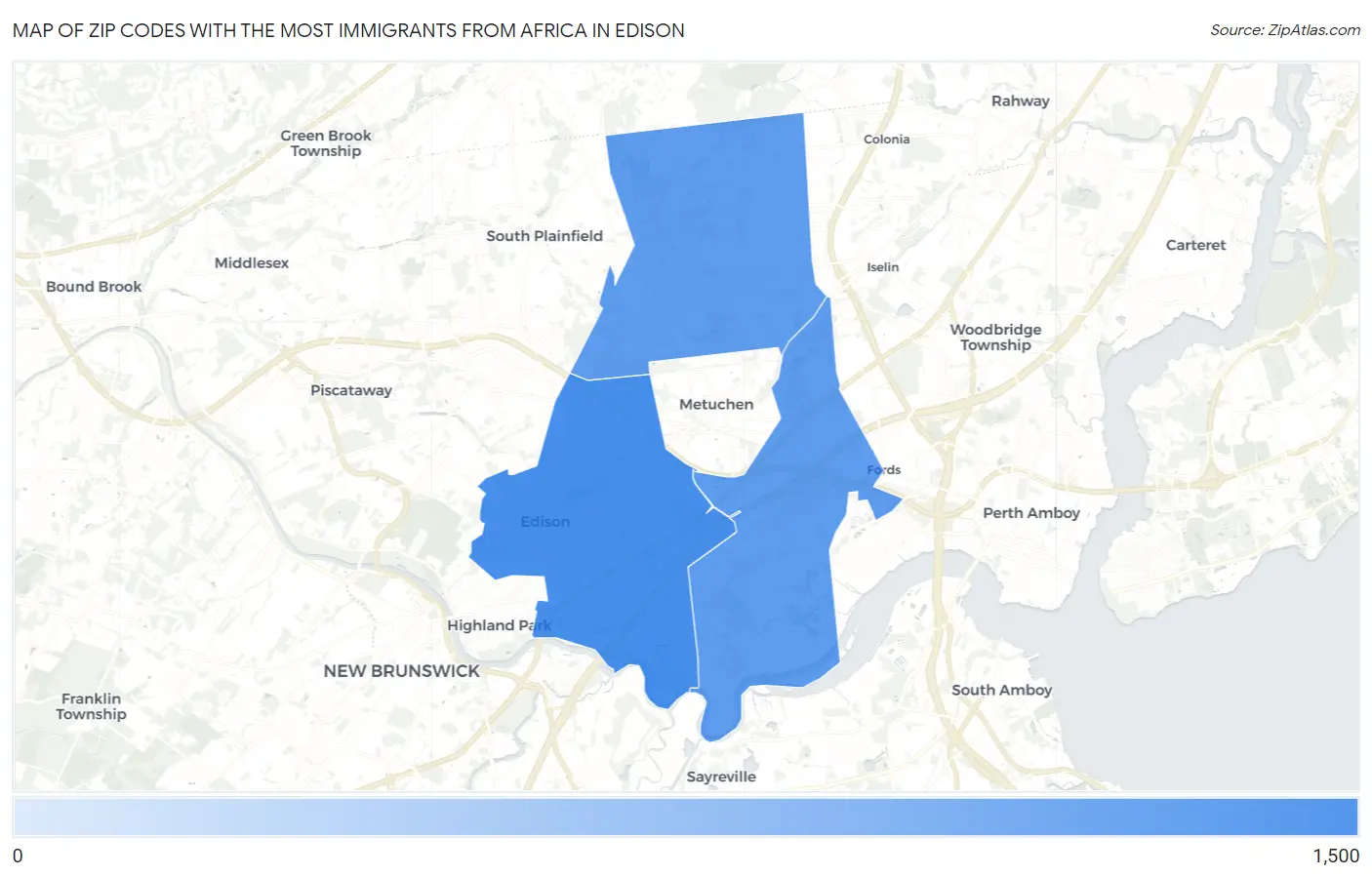 Zip Codes with the Most Immigrants from Africa in Edison Map