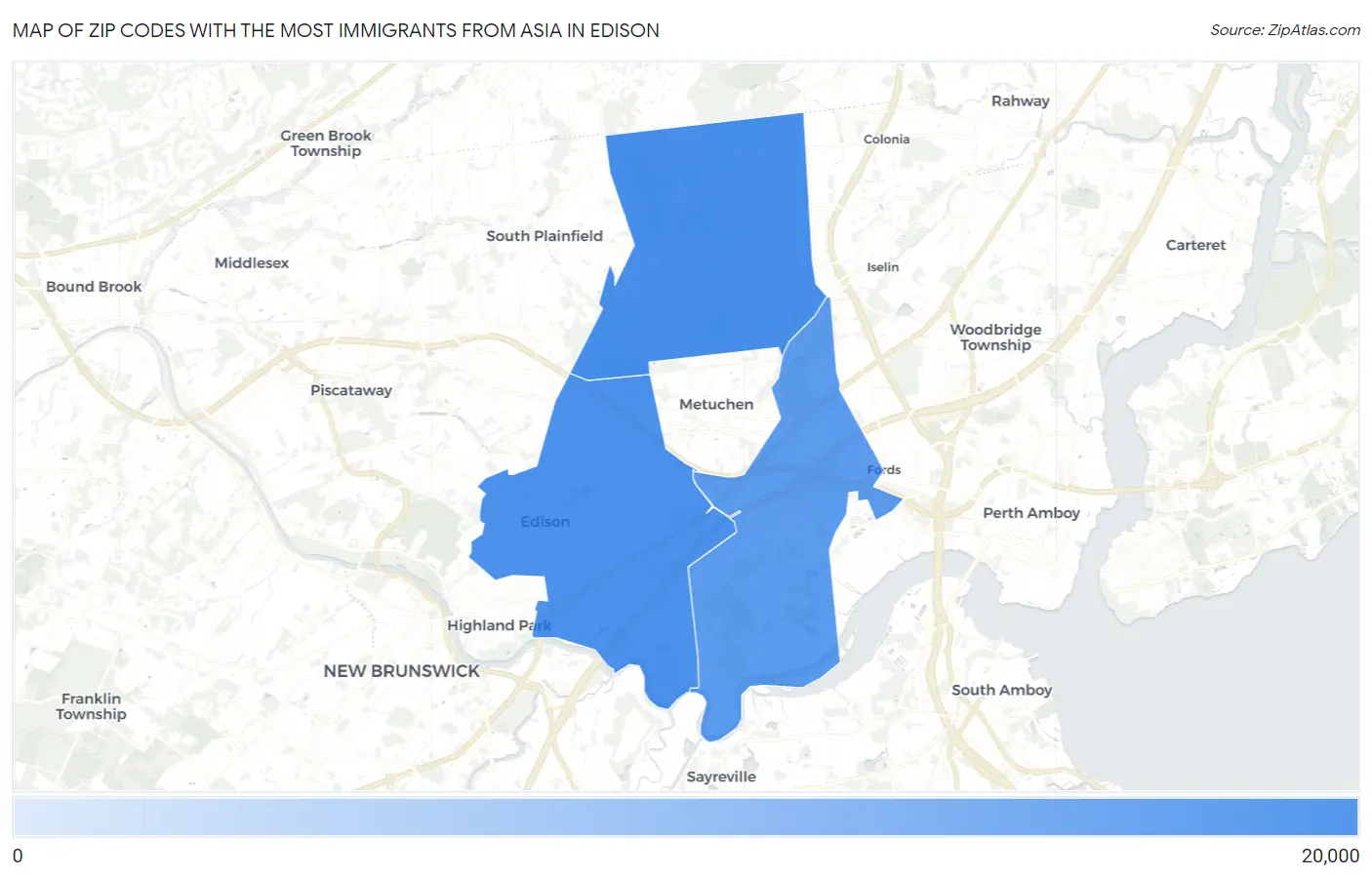 Zip Codes with the Most Immigrants from Asia in Edison Map