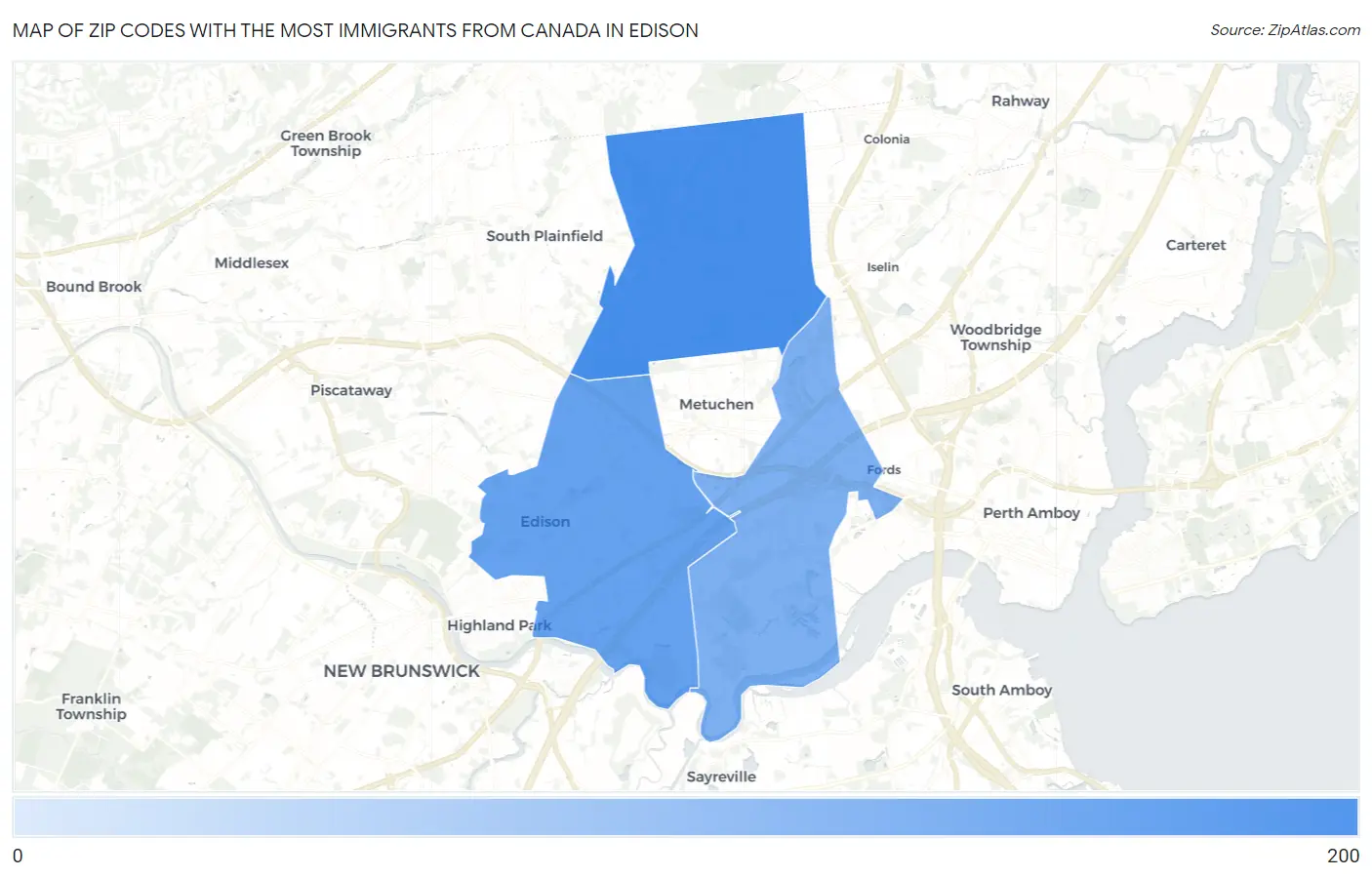 Zip Codes with the Most Immigrants from Canada in Edison Map