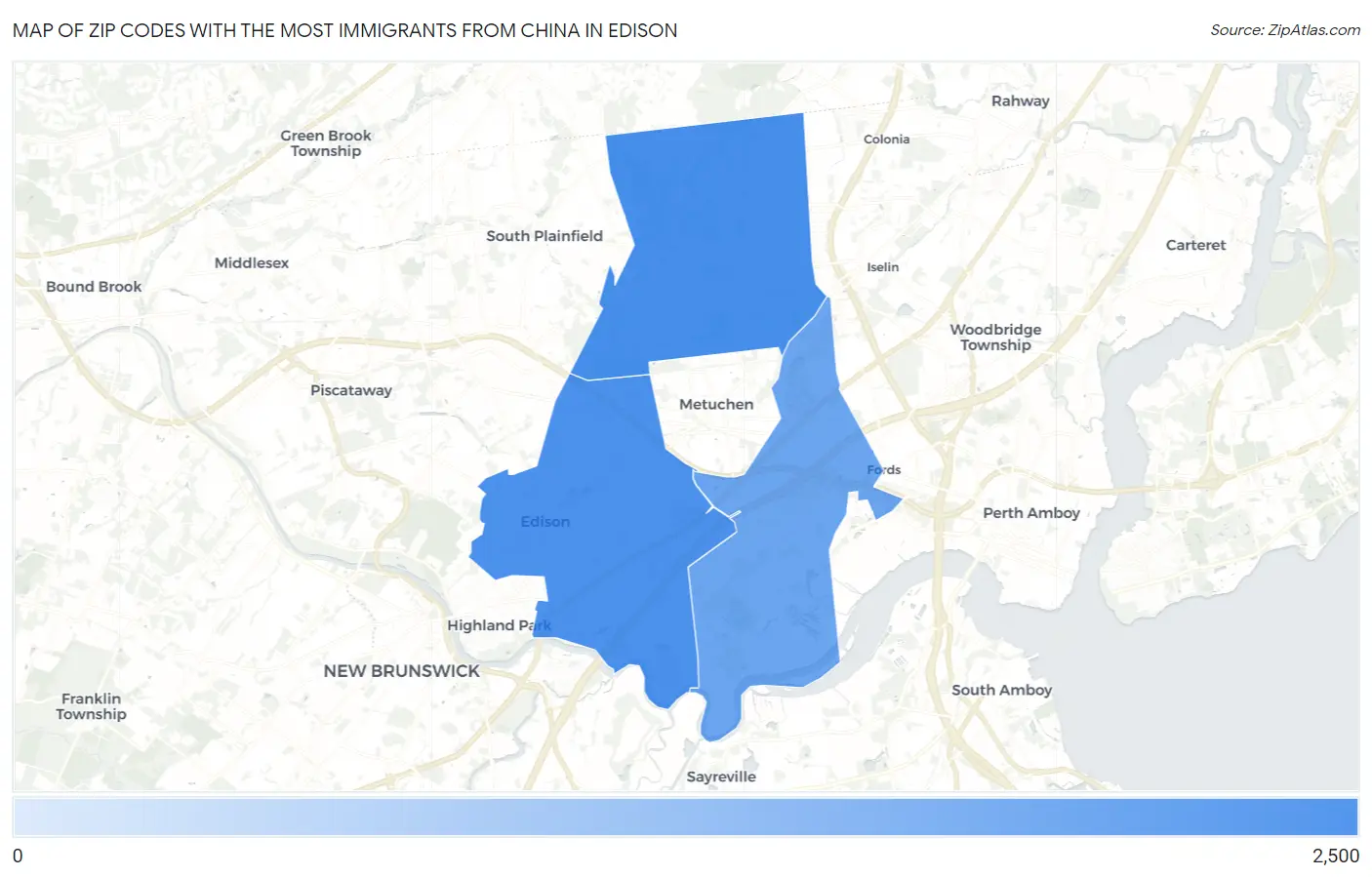 Zip Codes with the Most Immigrants from China in Edison Map