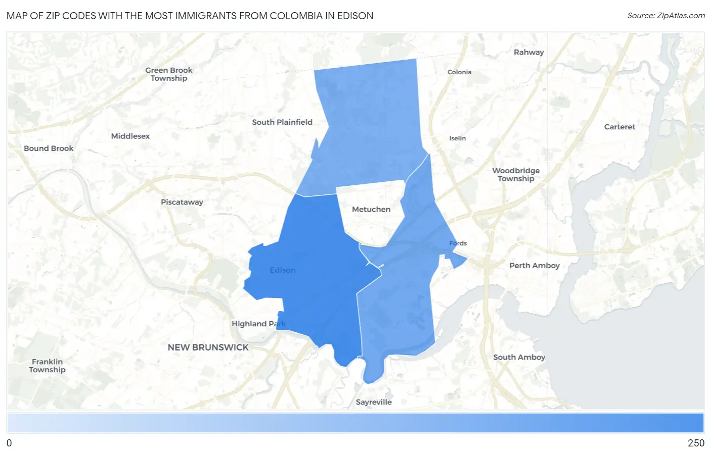 Zip Codes with the Most Immigrants from Colombia in Edison Map