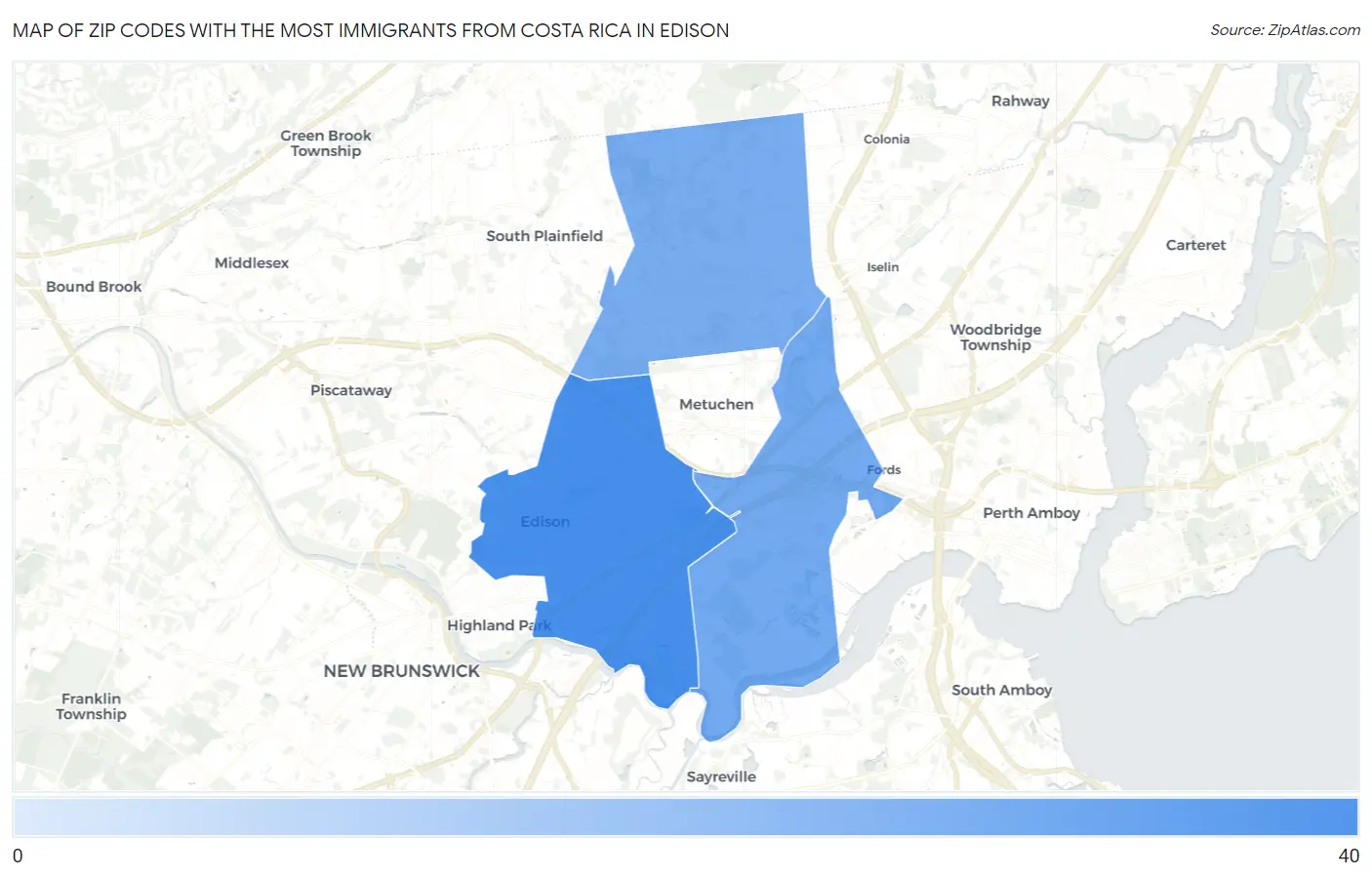 Zip Codes with the Most Immigrants from Costa Rica in Edison Map