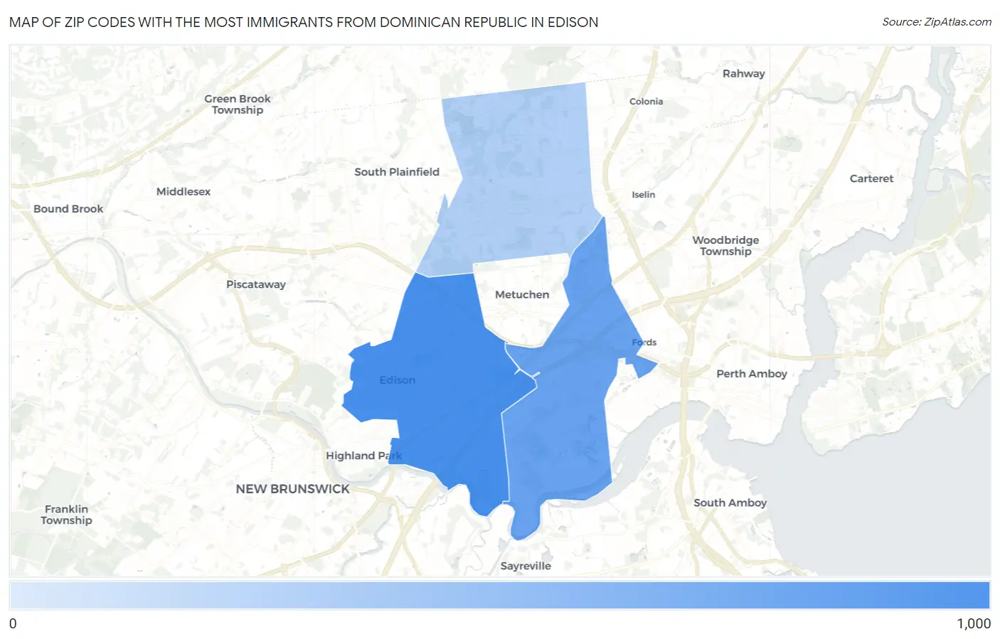 Zip Codes with the Most Immigrants from Dominican Republic in Edison Map