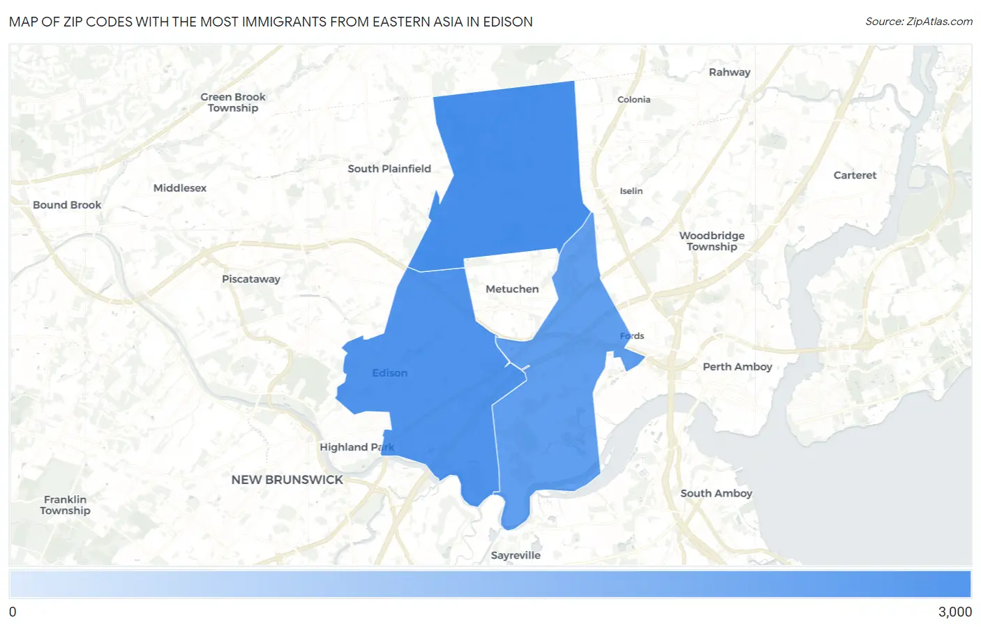 Zip Codes with the Most Immigrants from Eastern Asia in Edison Map