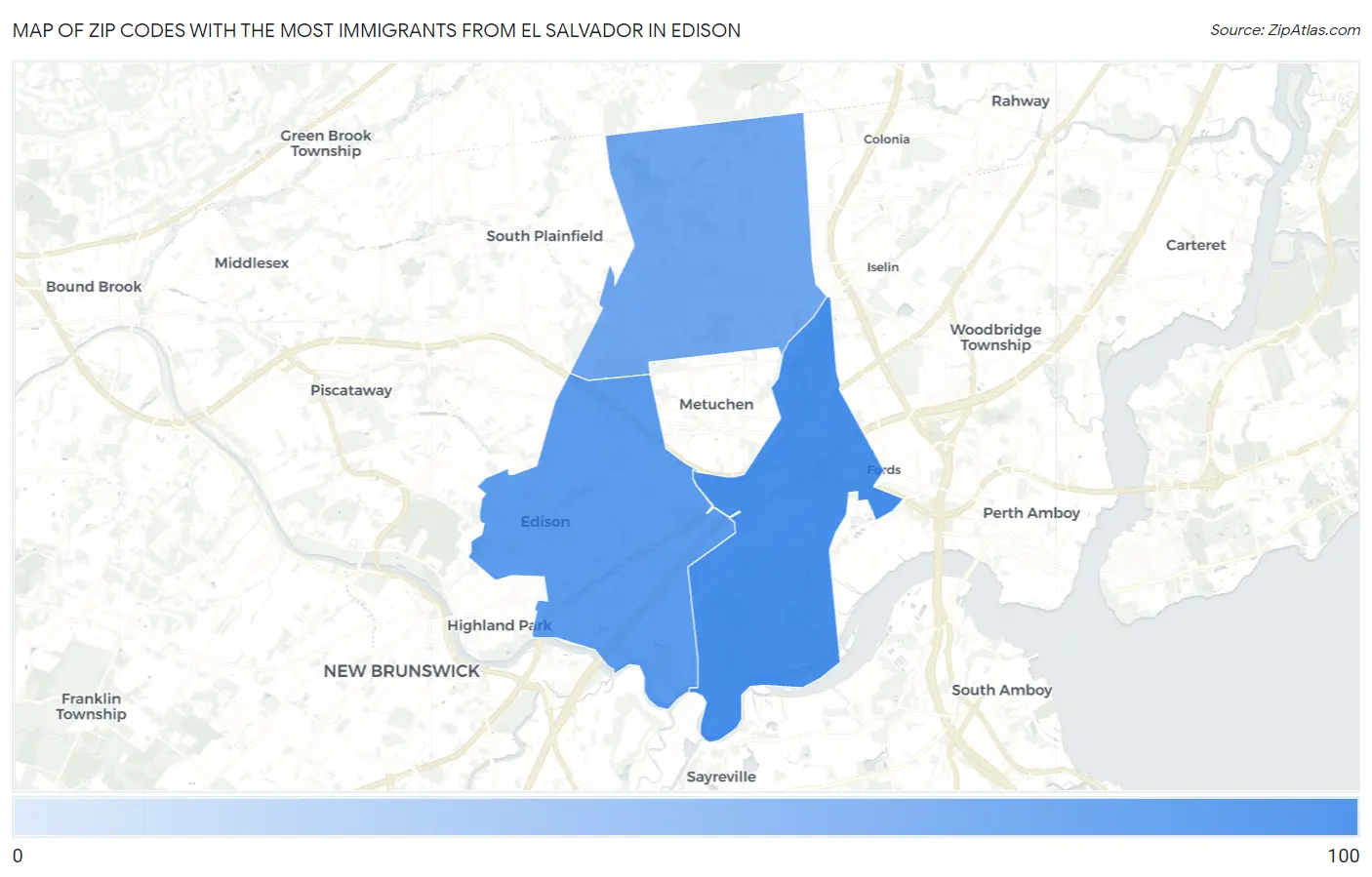 Zip Codes with the Most Immigrants from El Salvador in Edison Map