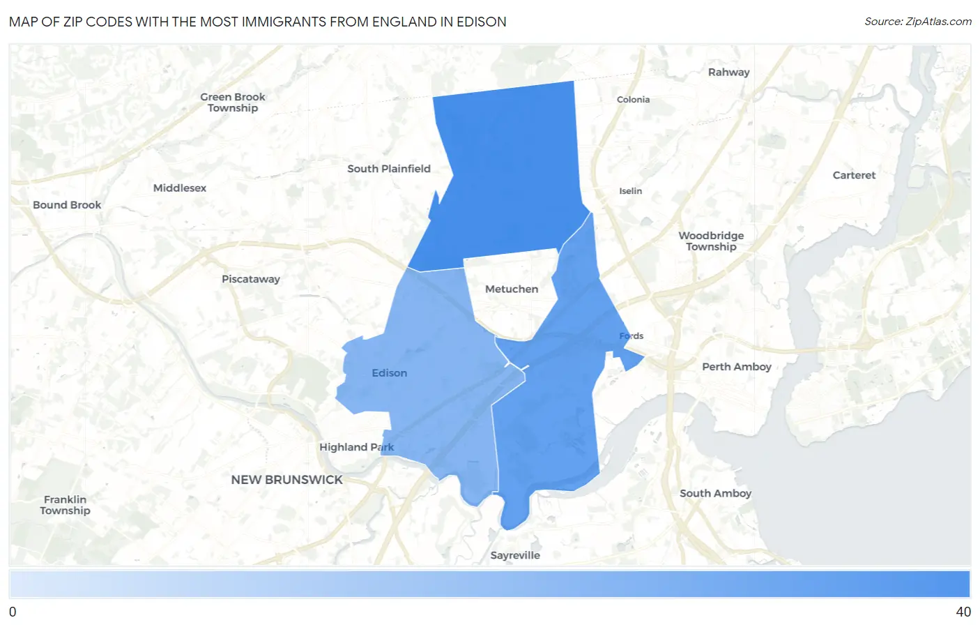 Zip Codes with the Most Immigrants from England in Edison Map