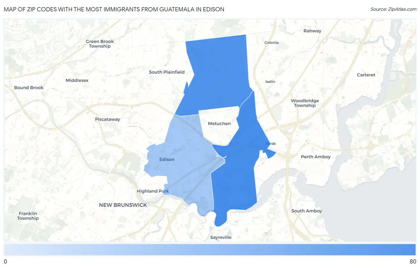 Zip Codes with the Most Immigrants from Guatemala in Edison Map