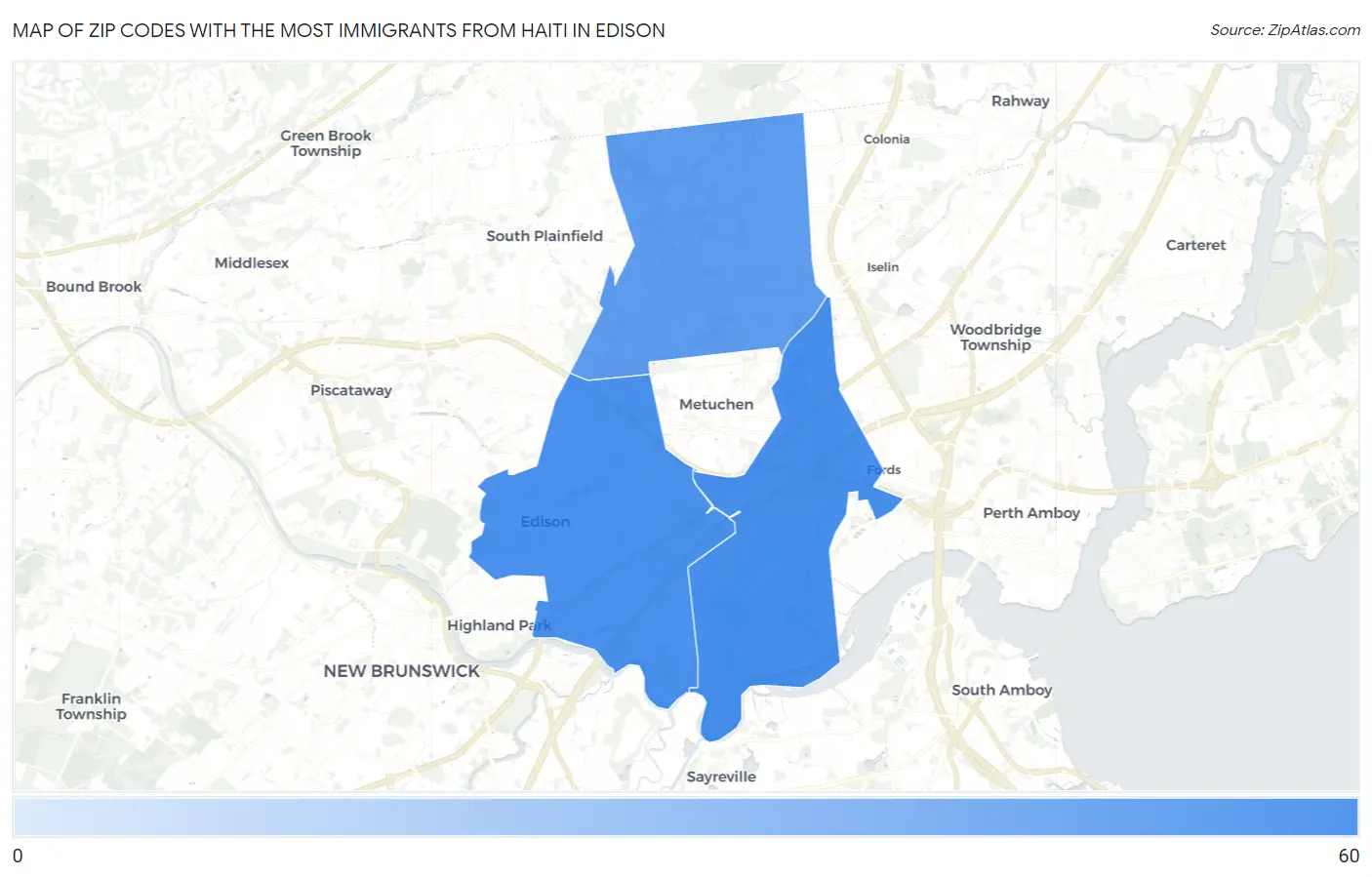 Zip Codes with the Most Immigrants from Haiti in Edison Map