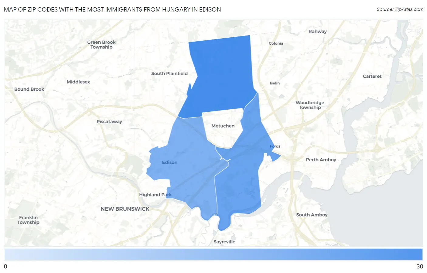 Zip Codes with the Most Immigrants from Hungary in Edison Map