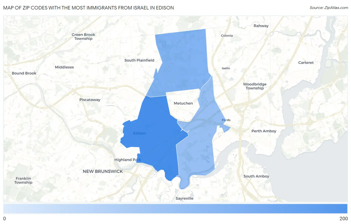 Zip Codes with the Most Immigrants from Israel in Edison Map