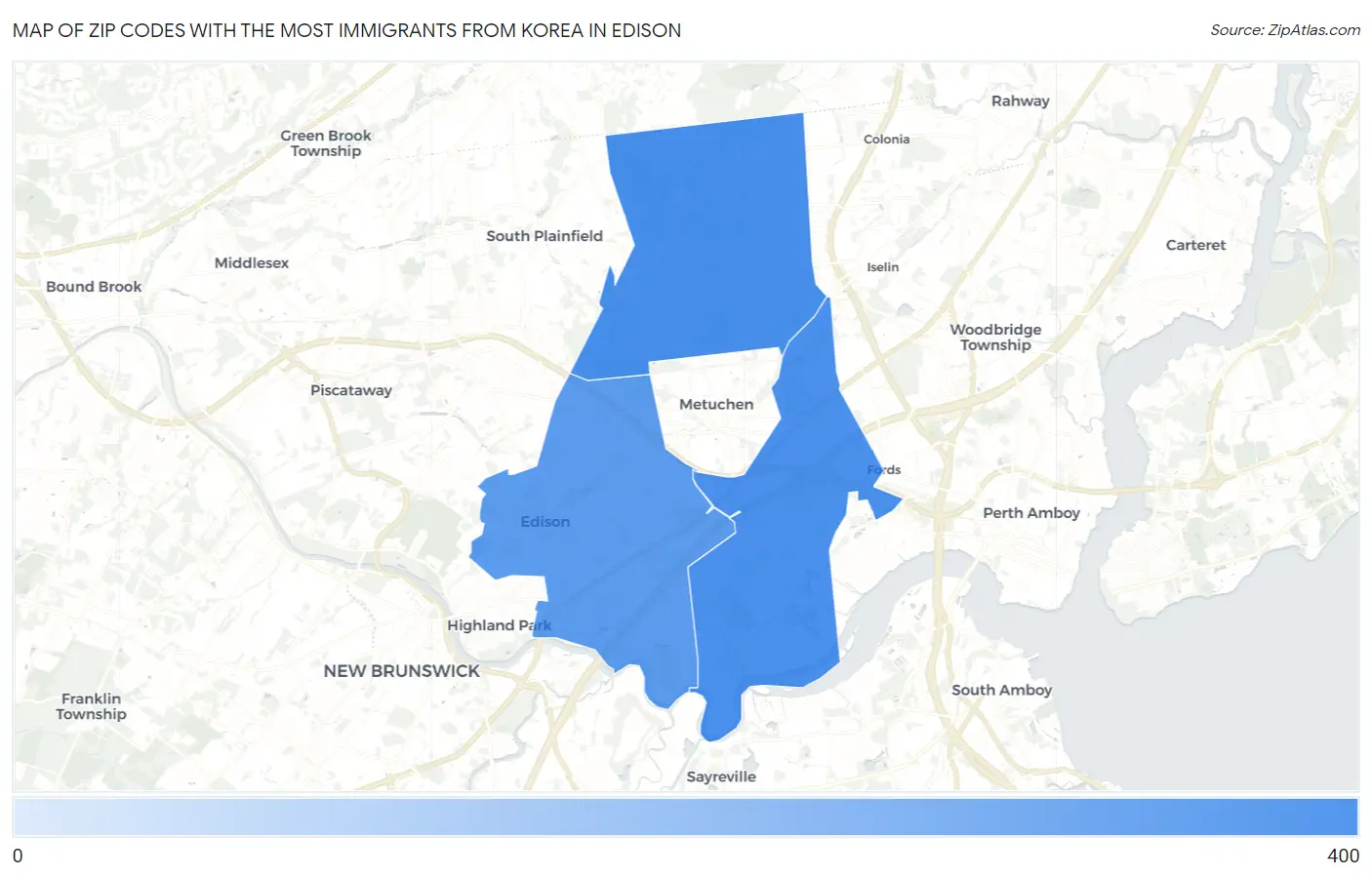 Zip Codes with the Most Immigrants from Korea in Edison Map