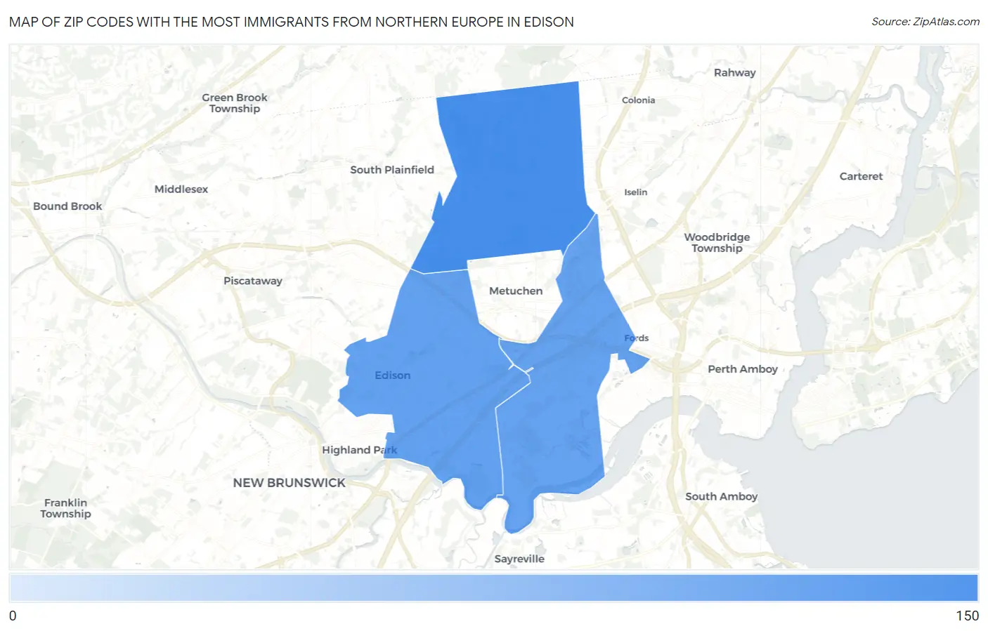 Zip Codes with the Most Immigrants from Northern Europe in Edison Map