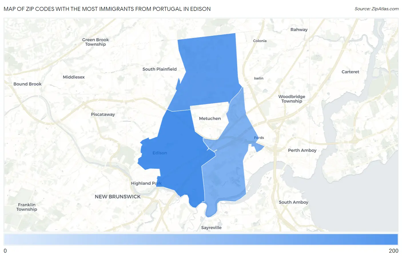 Zip Codes with the Most Immigrants from Portugal in Edison Map