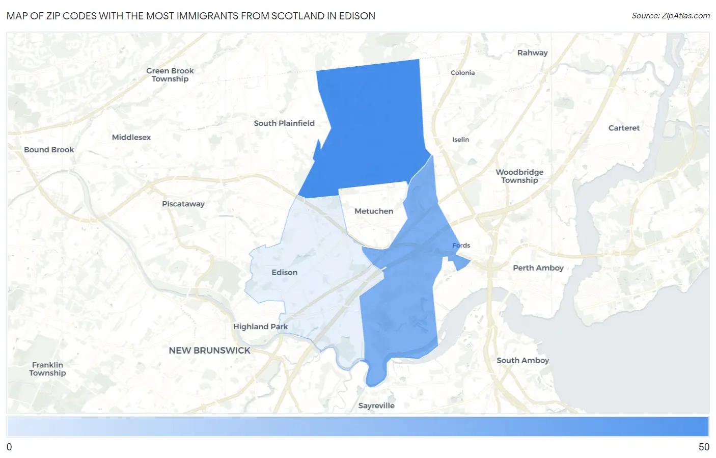 Zip Codes with the Most Immigrants from Scotland in Edison Map