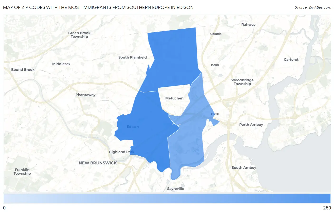 Zip Codes with the Most Immigrants from Southern Europe in Edison Map