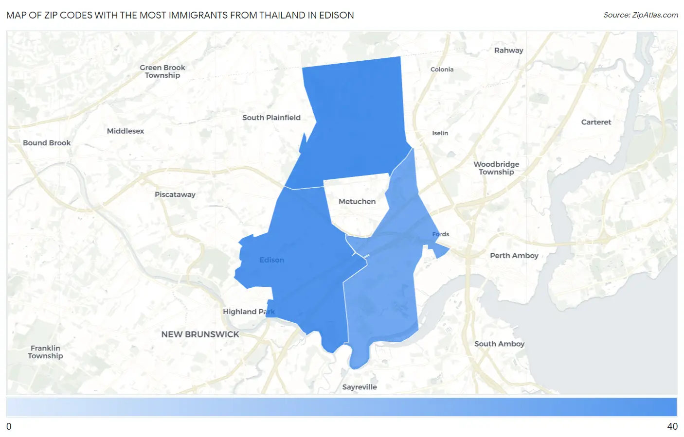 Zip Codes with the Most Immigrants from Thailand in Edison Map