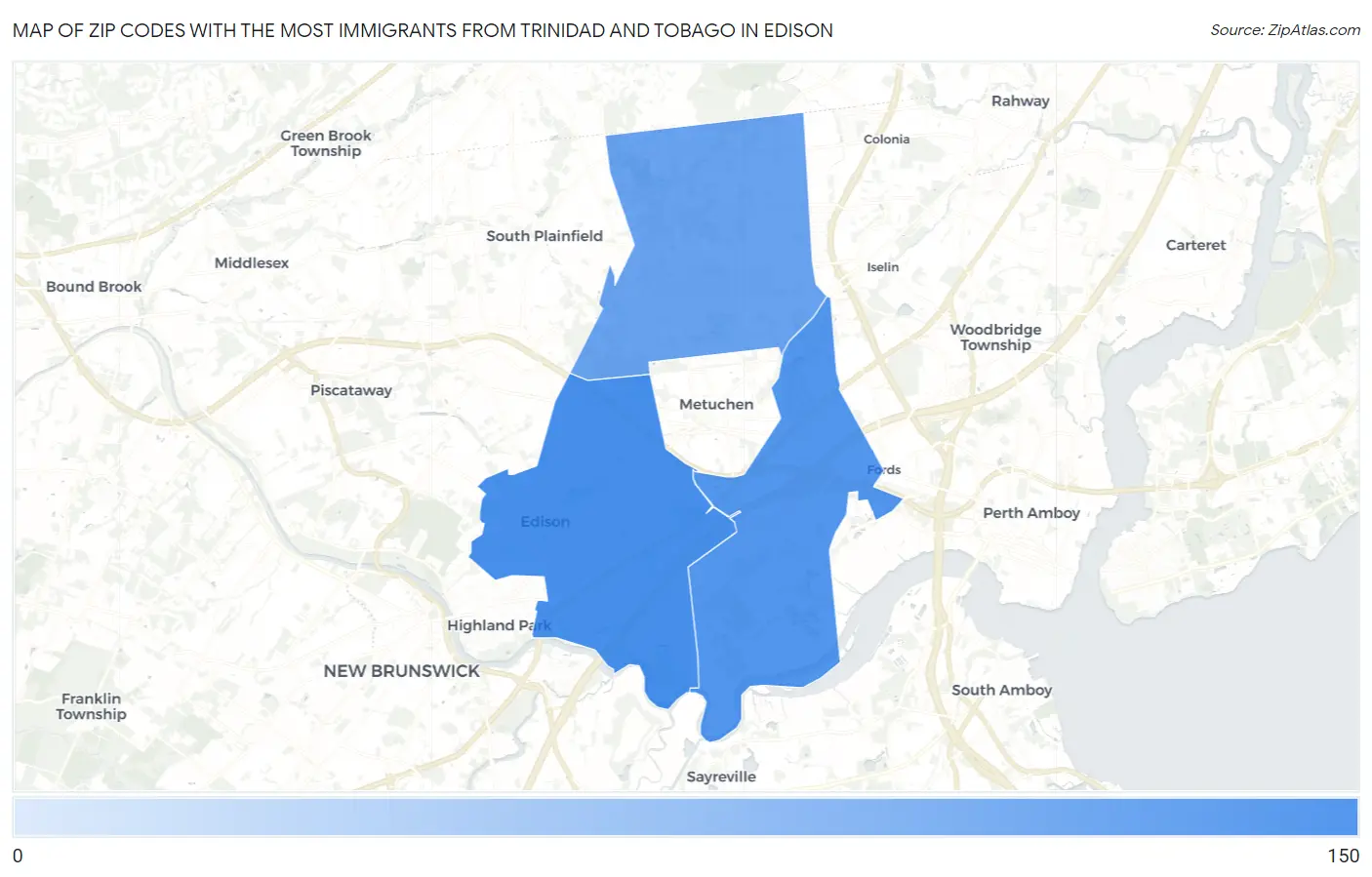 Zip Codes with the Most Immigrants from Trinidad and Tobago in Edison Map