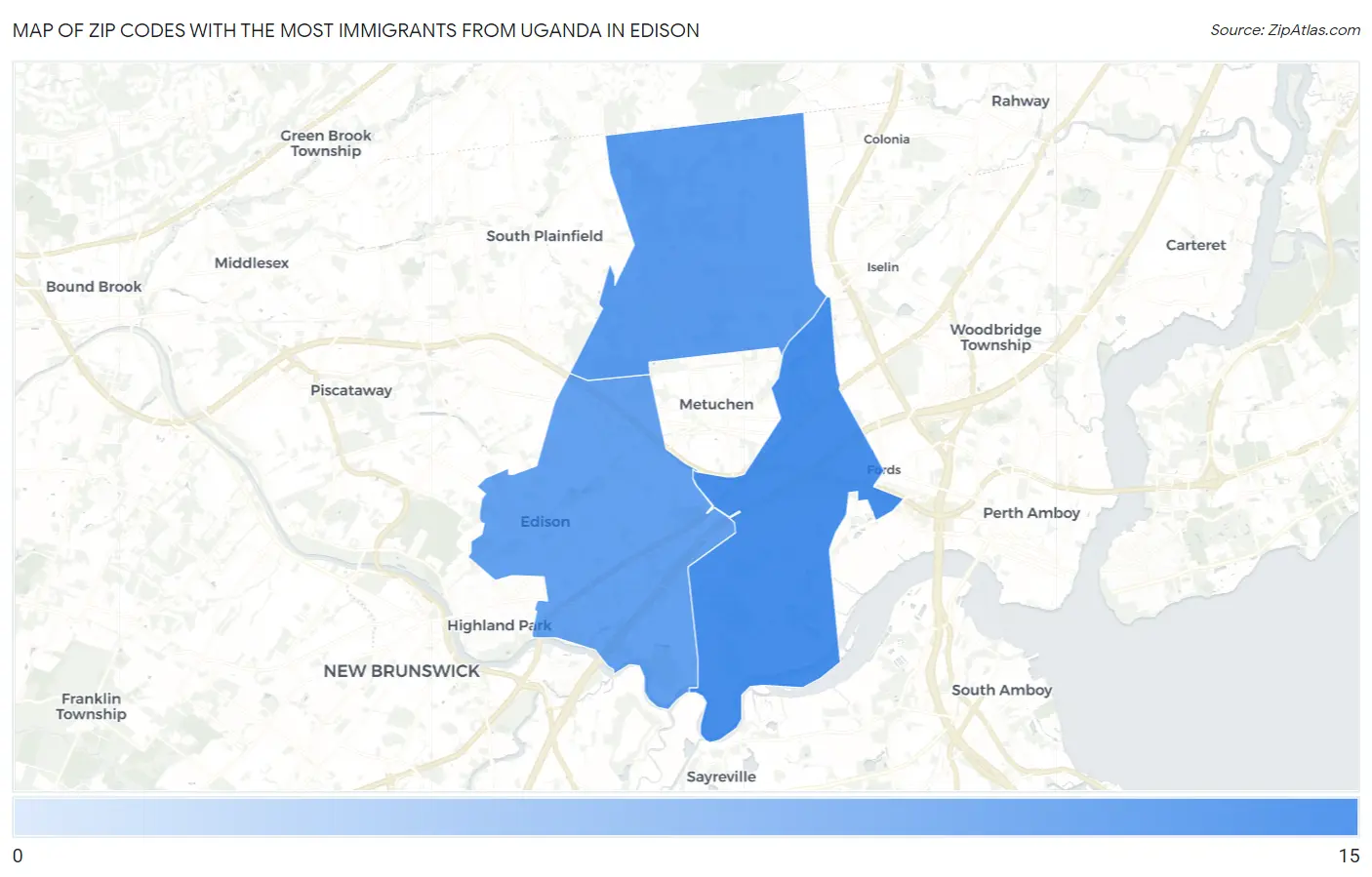 Zip Codes with the Most Immigrants from Uganda in Edison Map