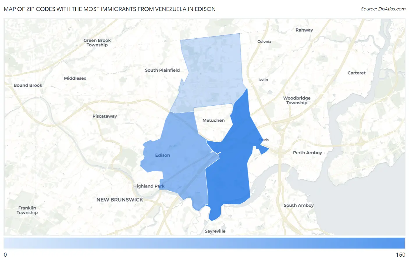 Zip Codes with the Most Immigrants from Venezuela in Edison Map