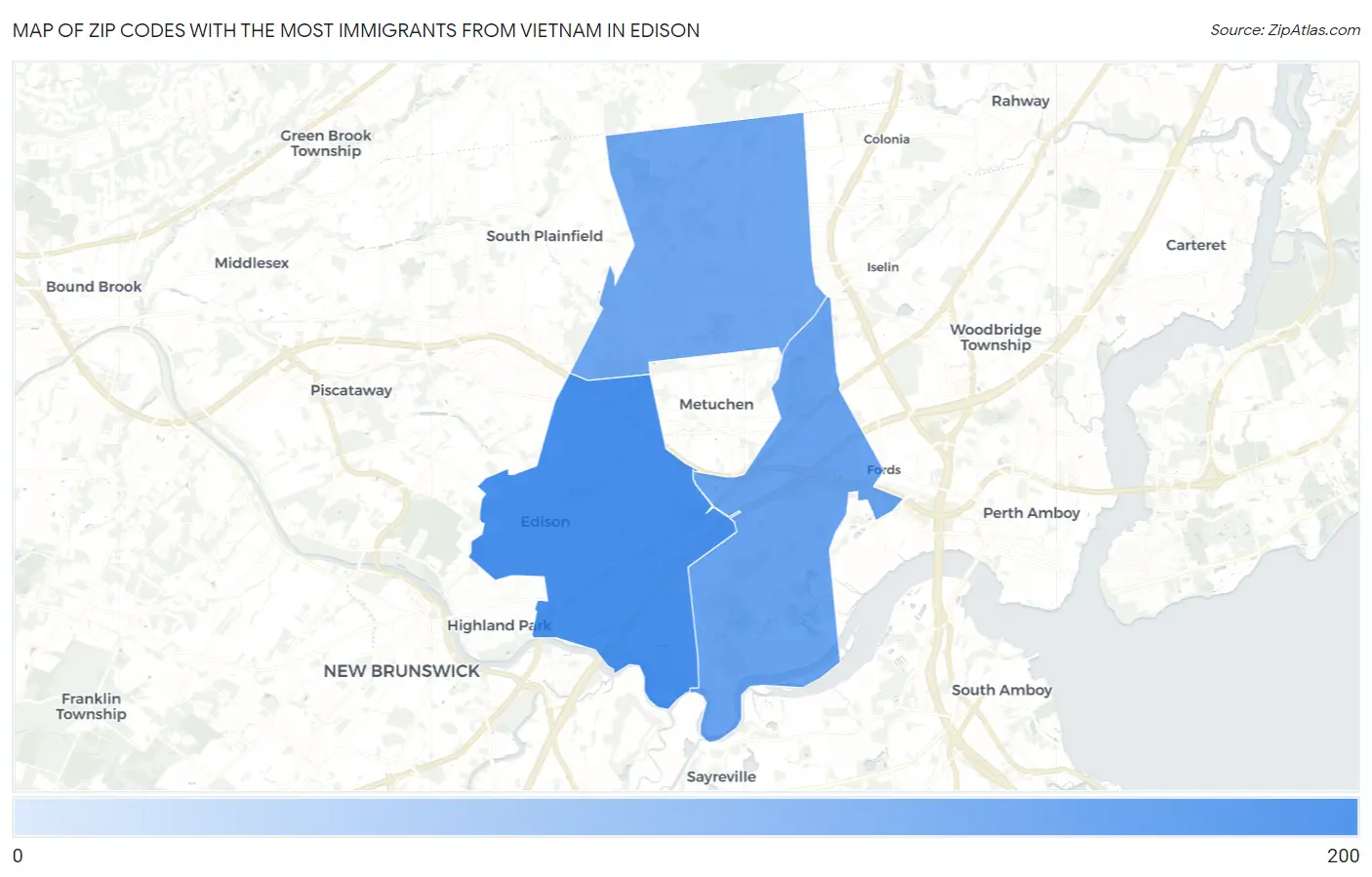 Zip Codes with the Most Immigrants from Vietnam in Edison Map