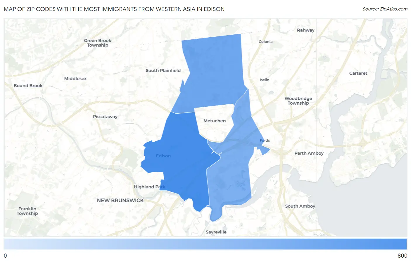Zip Codes with the Most Immigrants from Western Asia in Edison Map