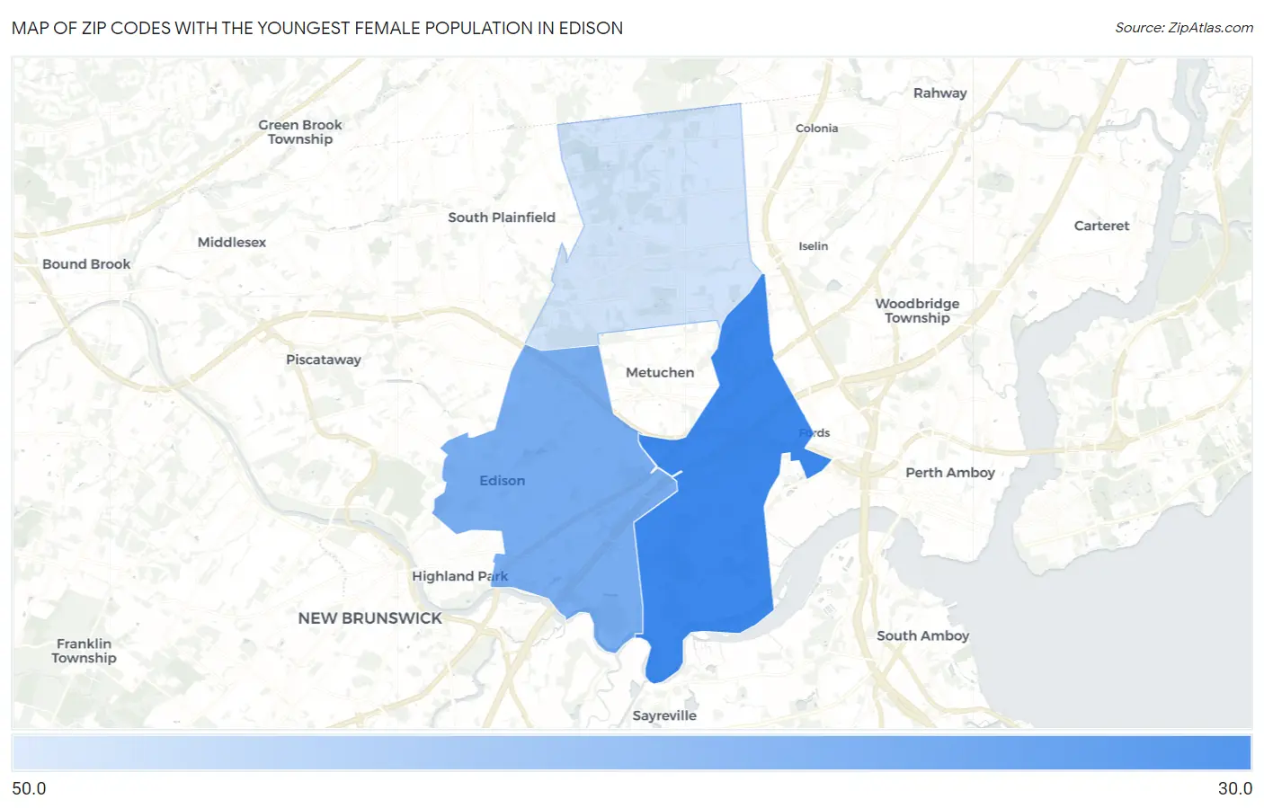 Zip Codes with the Youngest Female Population in Edison Map