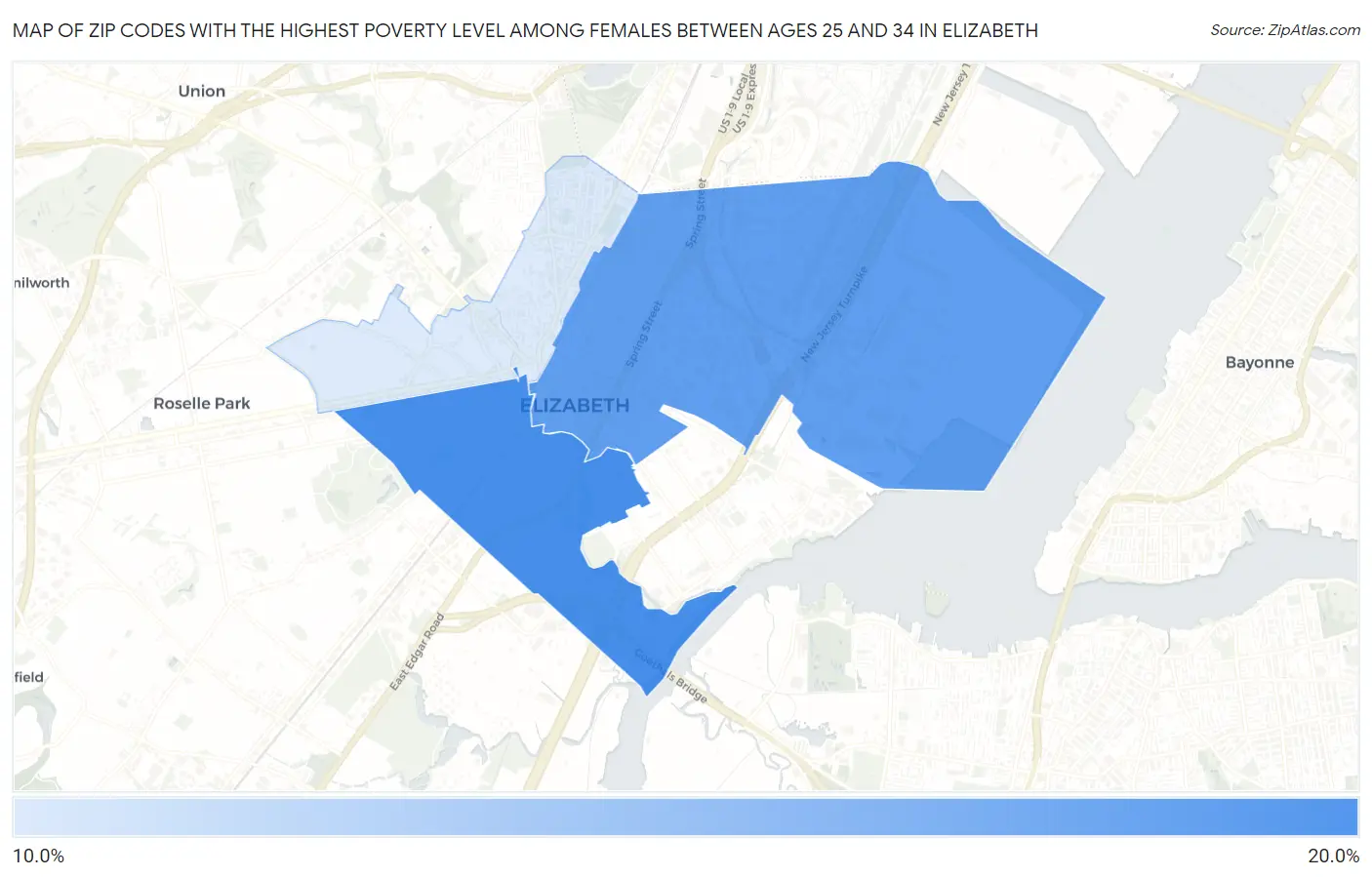 Zip Codes with the Highest Poverty Level Among Females Between Ages 25 and 34 in Elizabeth Map