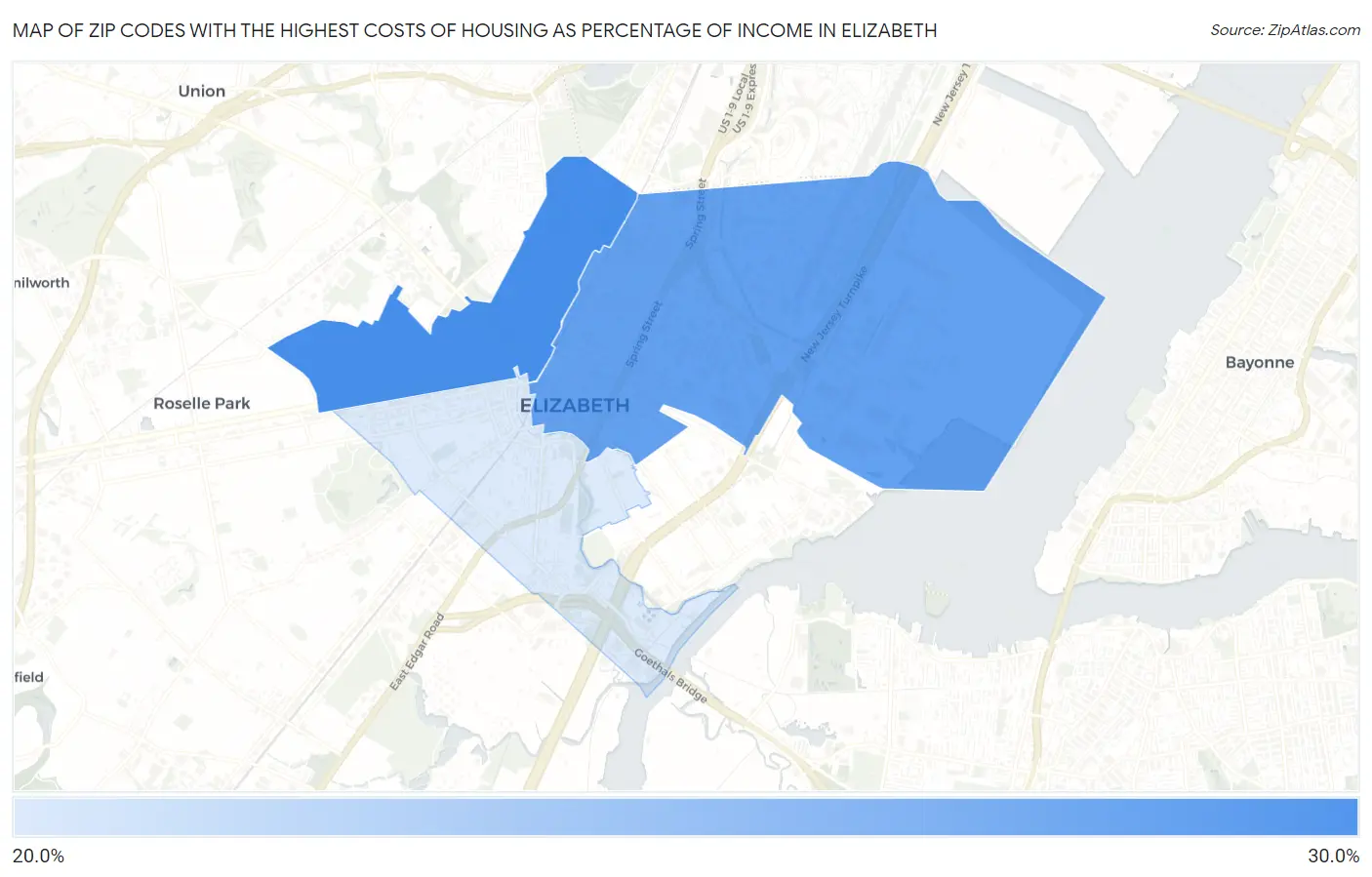 Zip Codes with the Highest Costs of Housing as Percentage of Income in Elizabeth Map