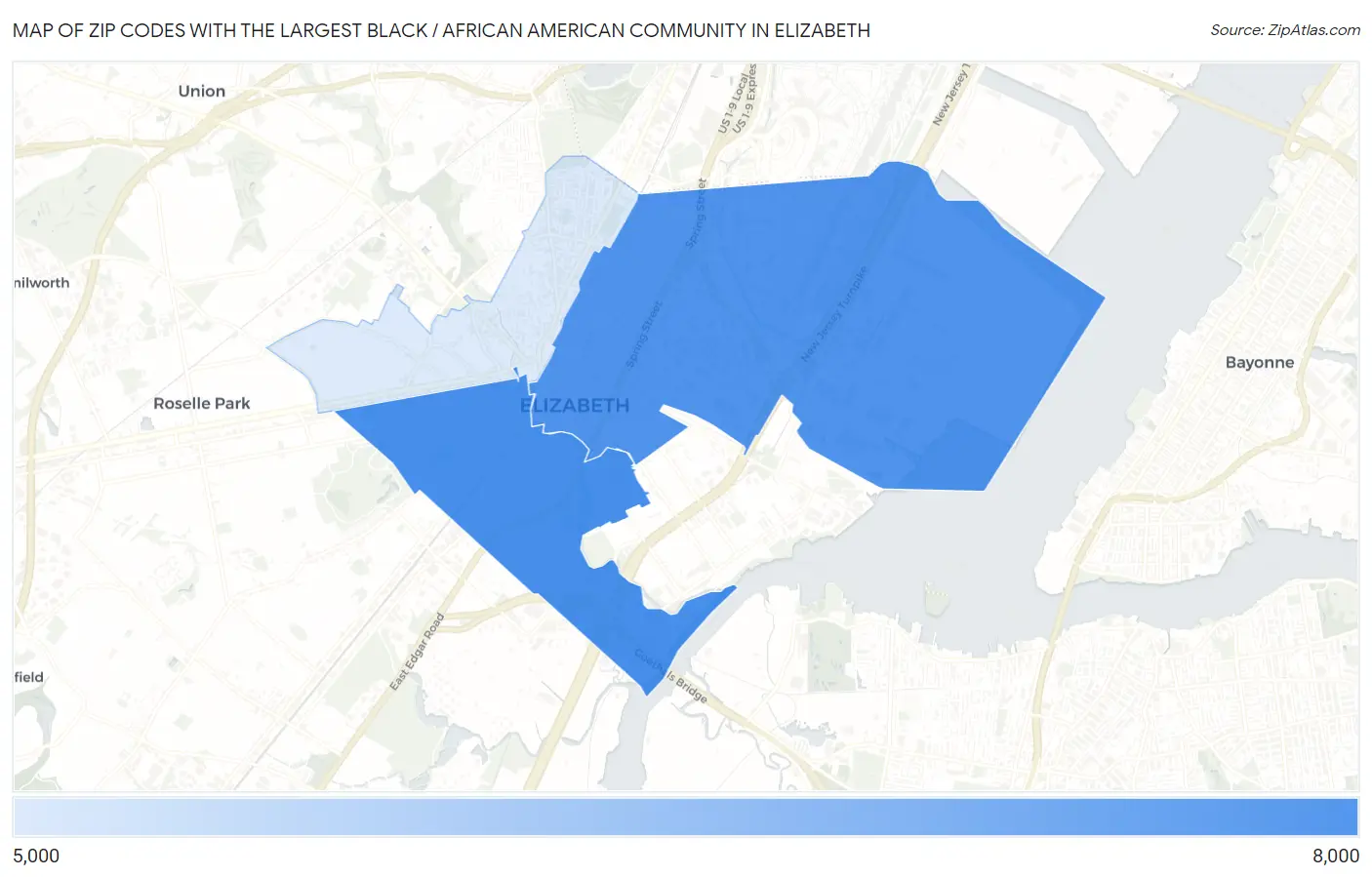 Zip Codes with the Largest Black / African American Community in Elizabeth Map