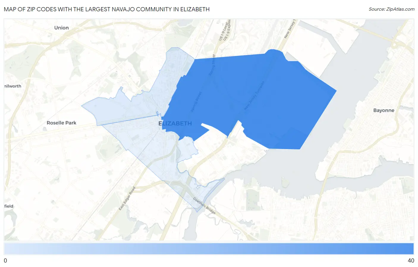 Zip Codes with the Largest Navajo Community in Elizabeth Map