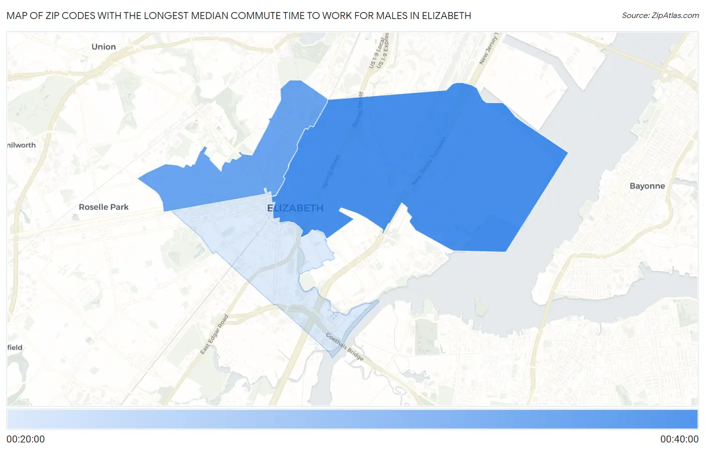 Zip Codes with the Longest Median Commute Time to Work for Males in Elizabeth Map