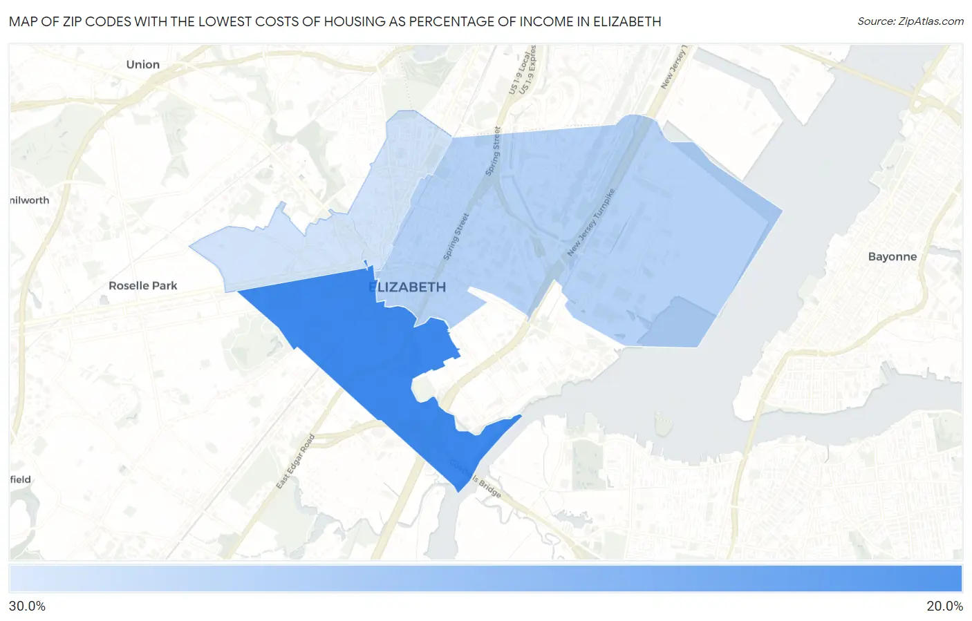 Zip Codes with the Lowest Costs of Housing as Percentage of Income in Elizabeth Map