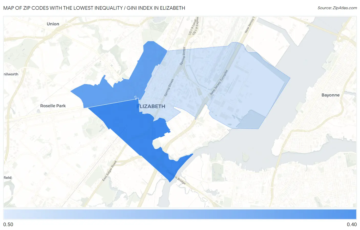 Zip Codes with the Lowest Inequality / Gini Index in Elizabeth Map