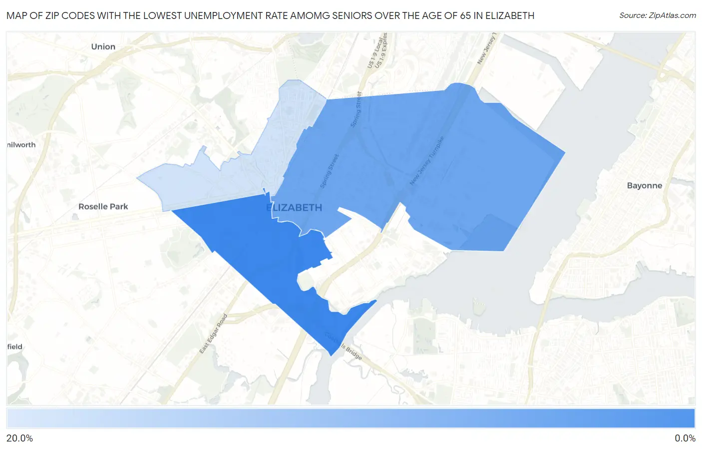 Zip Codes with the Lowest Unemployment Rate Amomg Seniors Over the Age of 65 in Elizabeth Map