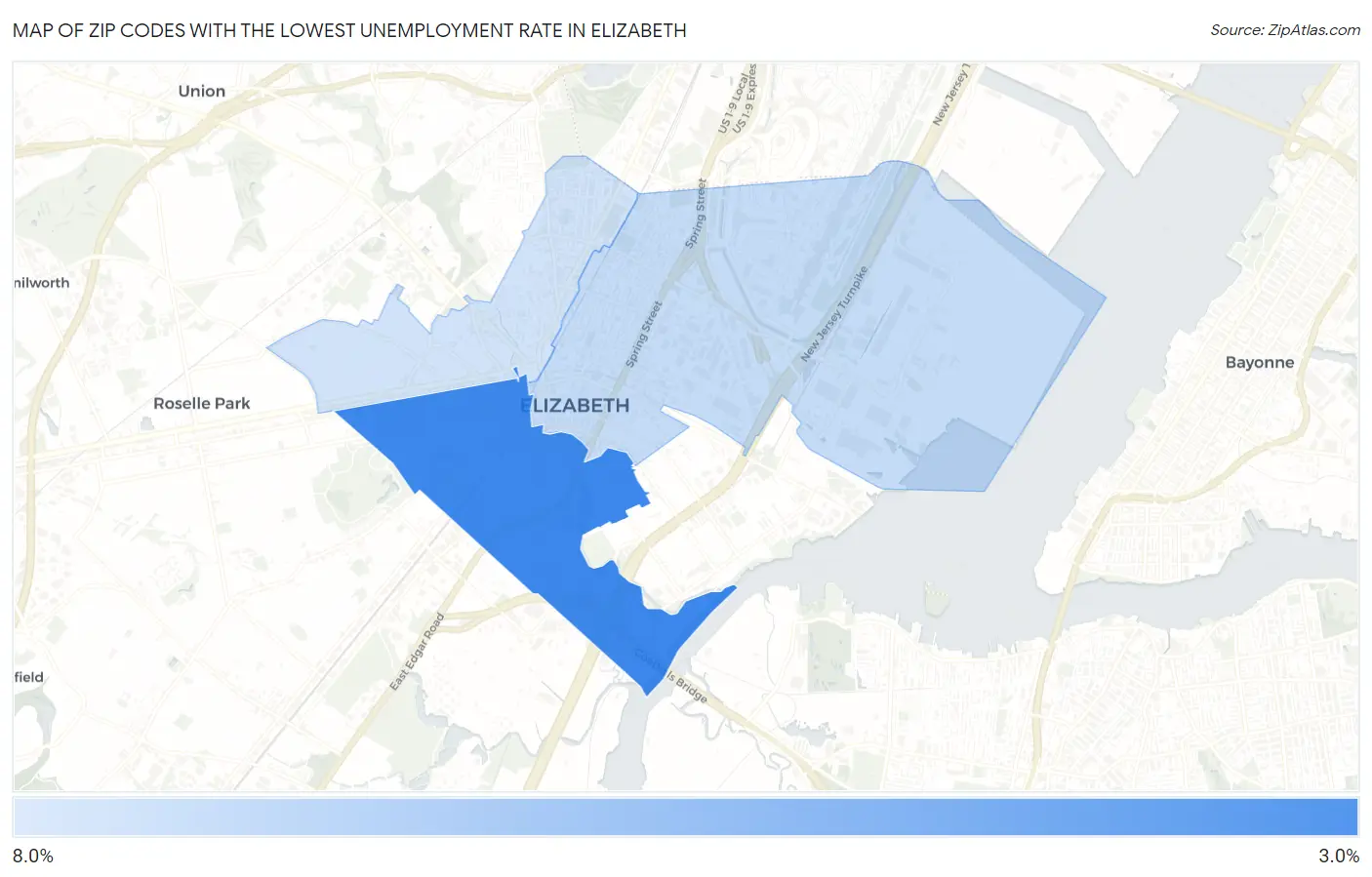 Zip Codes with the Lowest Unemployment Rate in Elizabeth Map