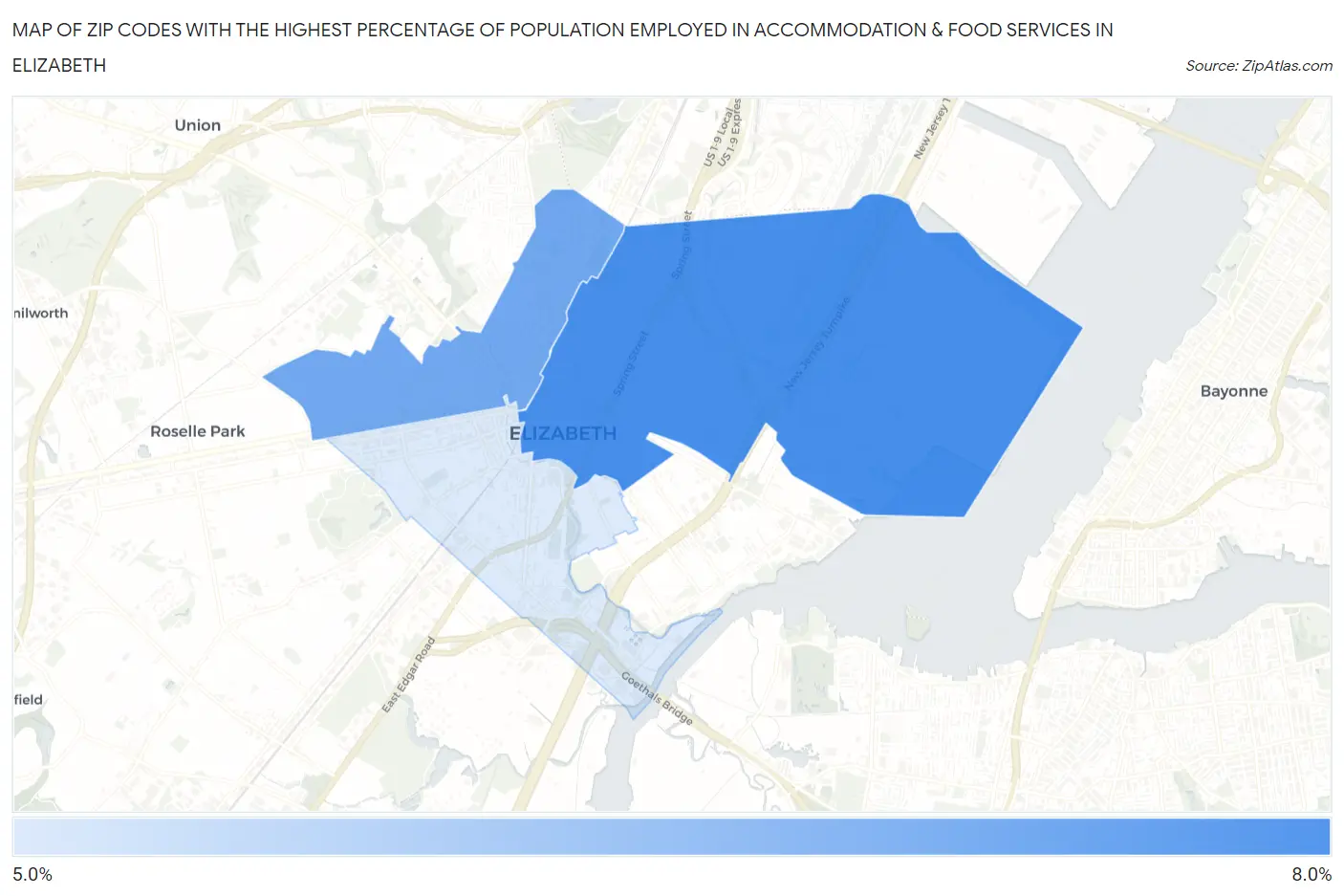 Zip Codes with the Highest Percentage of Population Employed in Accommodation & Food Services in Elizabeth Map