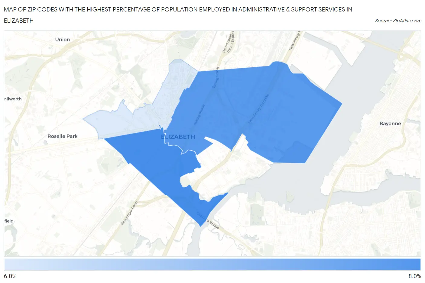 Zip Codes with the Highest Percentage of Population Employed in Administrative & Support Services in Elizabeth Map