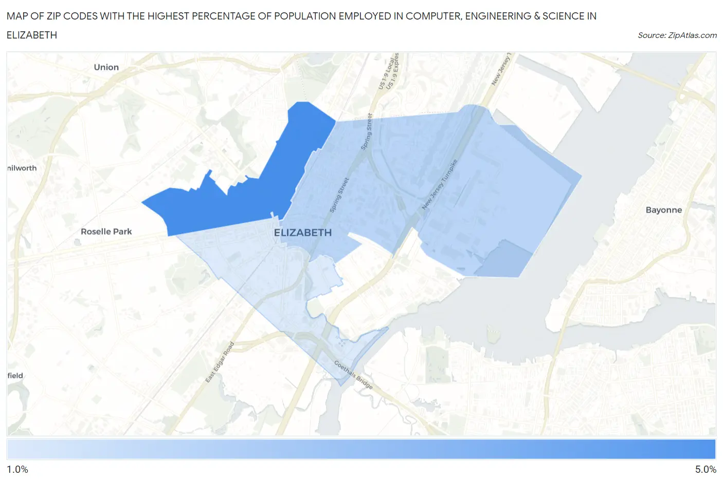 Zip Codes with the Highest Percentage of Population Employed in Computer, Engineering & Science in Elizabeth Map