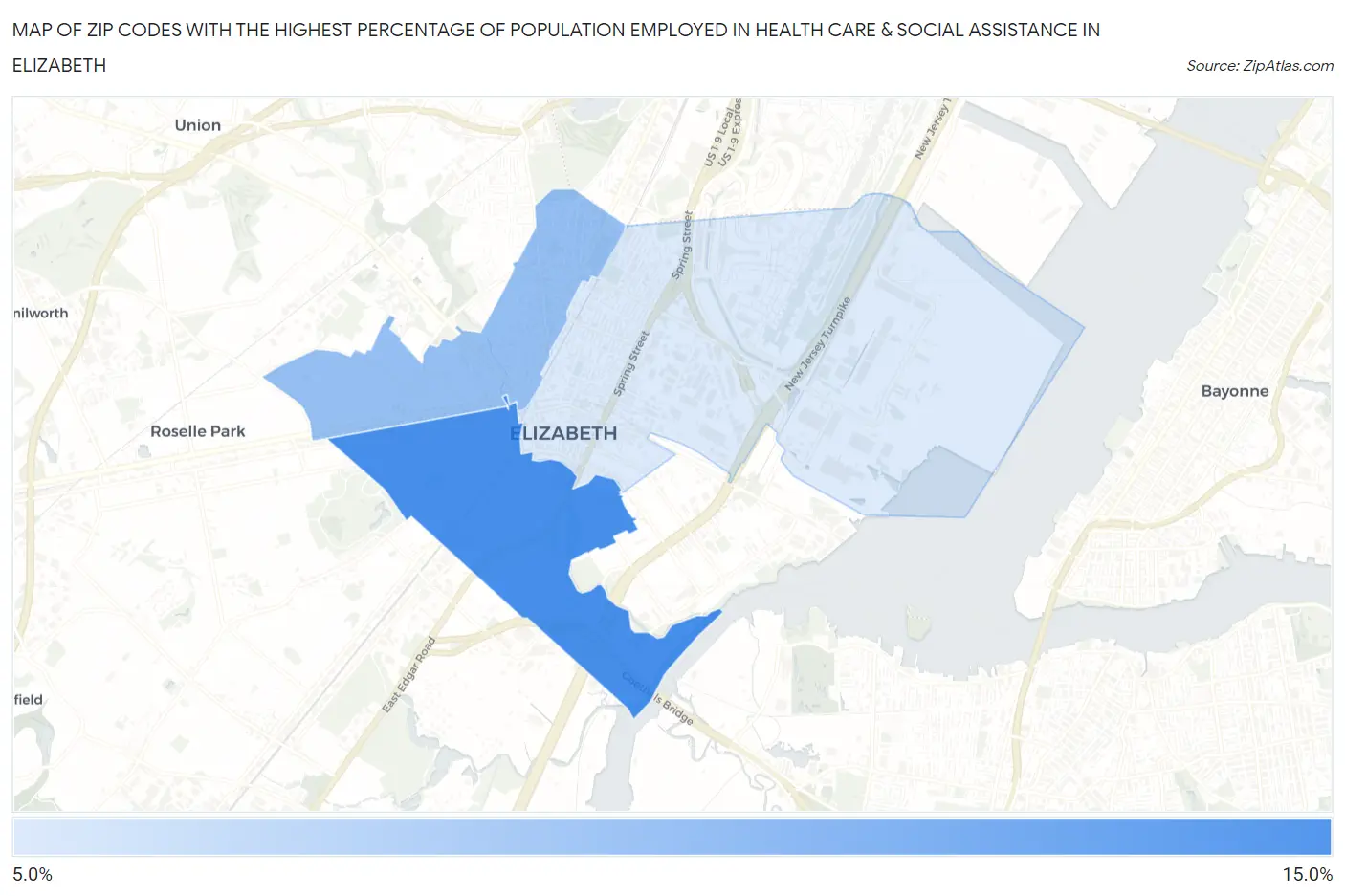 Zip Codes with the Highest Percentage of Population Employed in Health Care & Social Assistance in Elizabeth Map