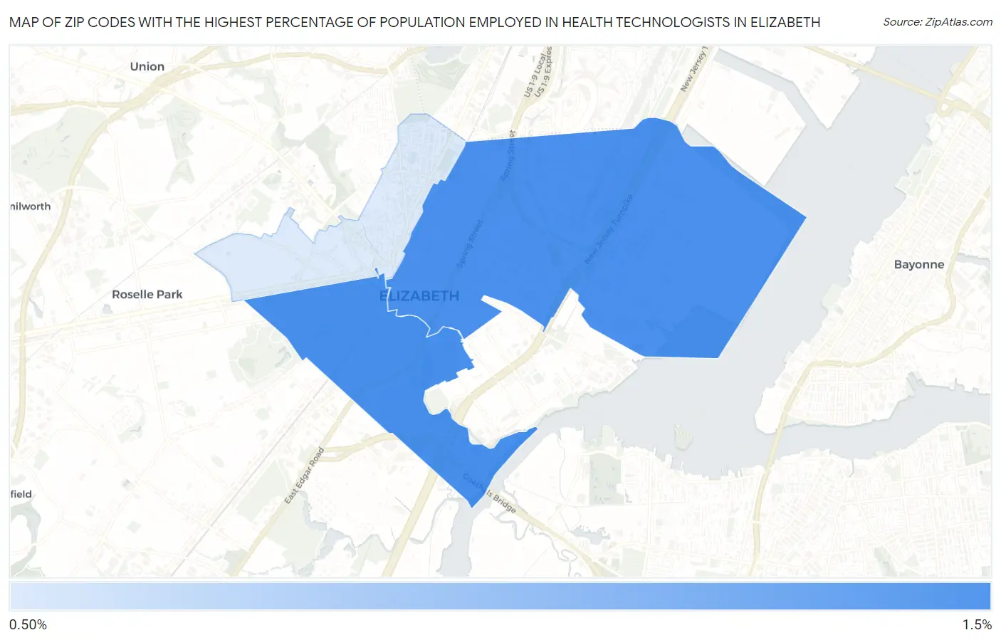 Zip Codes with the Highest Percentage of Population Employed in Health Technologists in Elizabeth Map