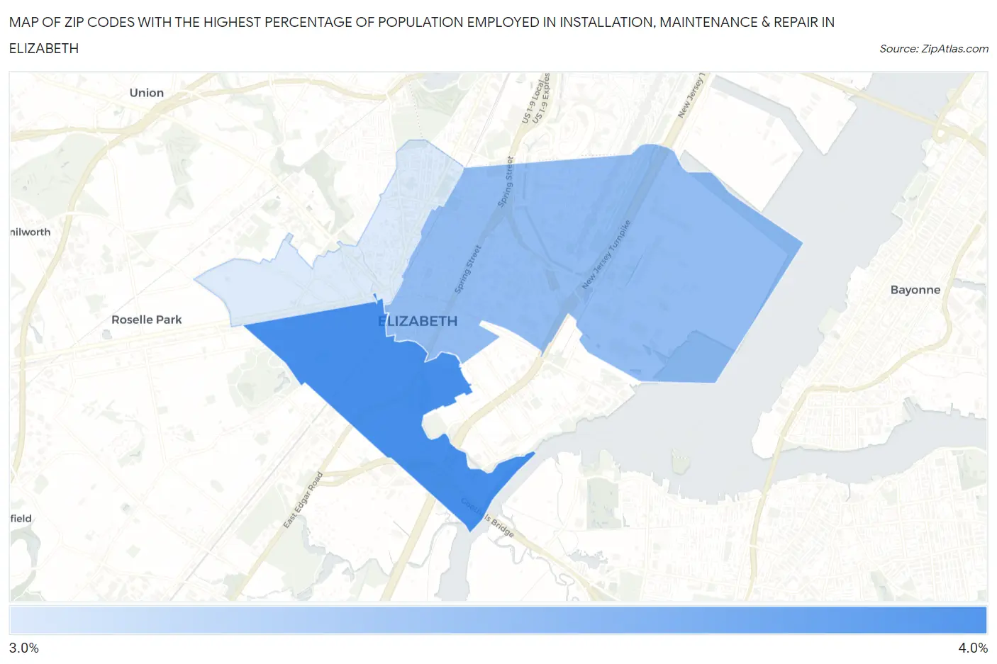 Zip Codes with the Highest Percentage of Population Employed in Installation, Maintenance & Repair in Elizabeth Map