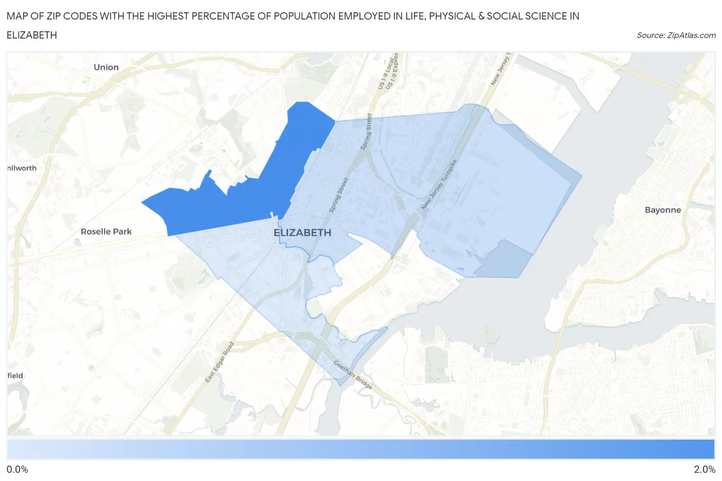 Zip Codes with the Highest Percentage of Population Employed in Life, Physical & Social Science in Elizabeth Map