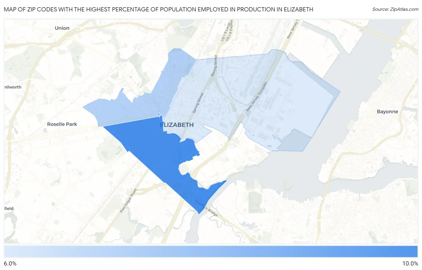 Zip Codes with the Highest Percentage of Population Employed in Production in Elizabeth Map