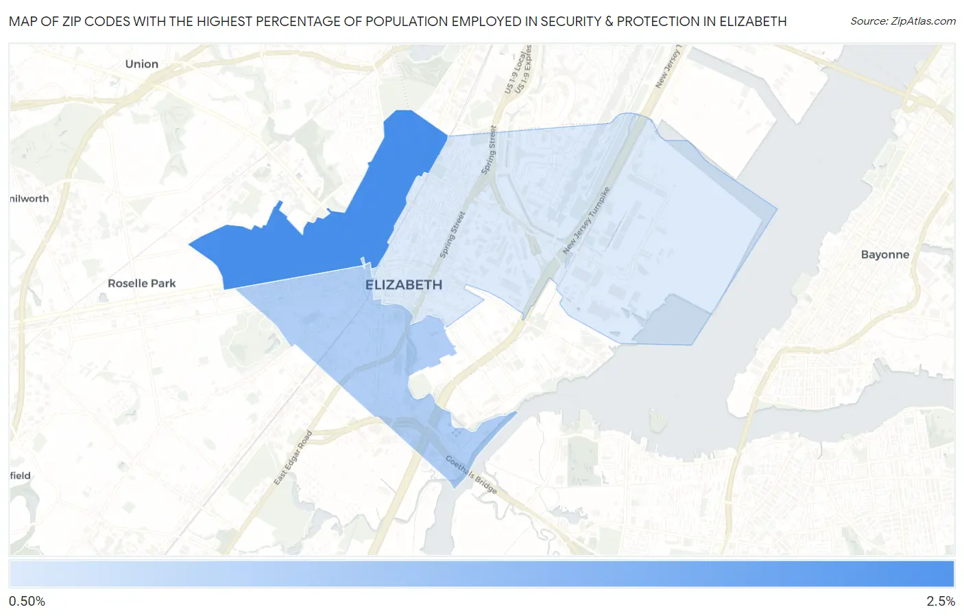 Zip Codes with the Highest Percentage of Population Employed in Security & Protection in Elizabeth Map