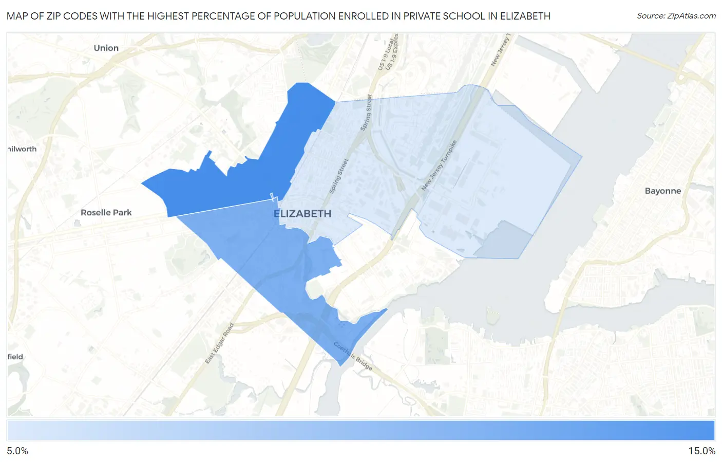 Zip Codes with the Highest Percentage of Population Enrolled in Private School in Elizabeth Map