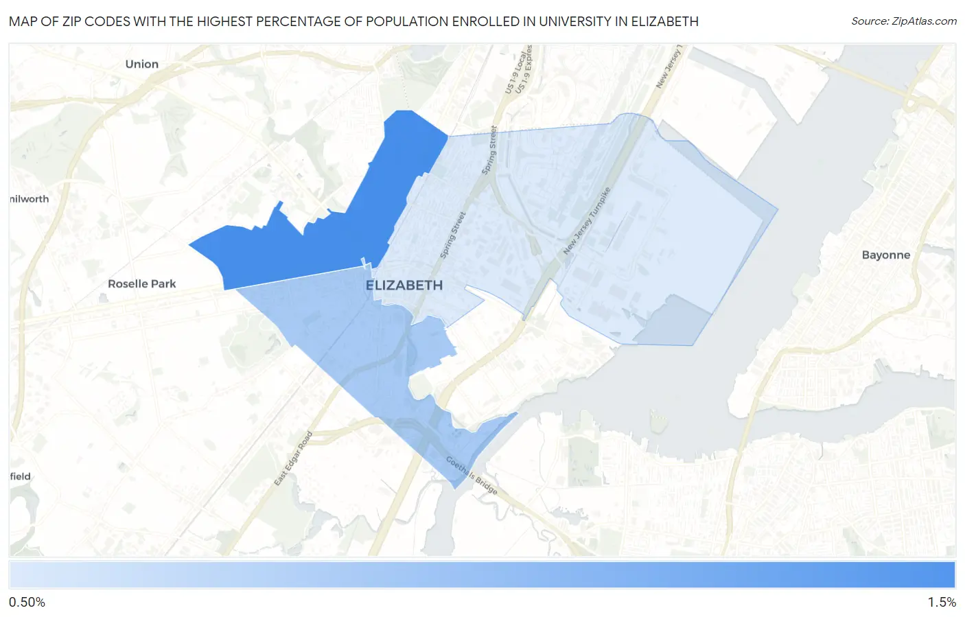 Zip Codes with the Highest Percentage of Population Enrolled in University in Elizabeth Map