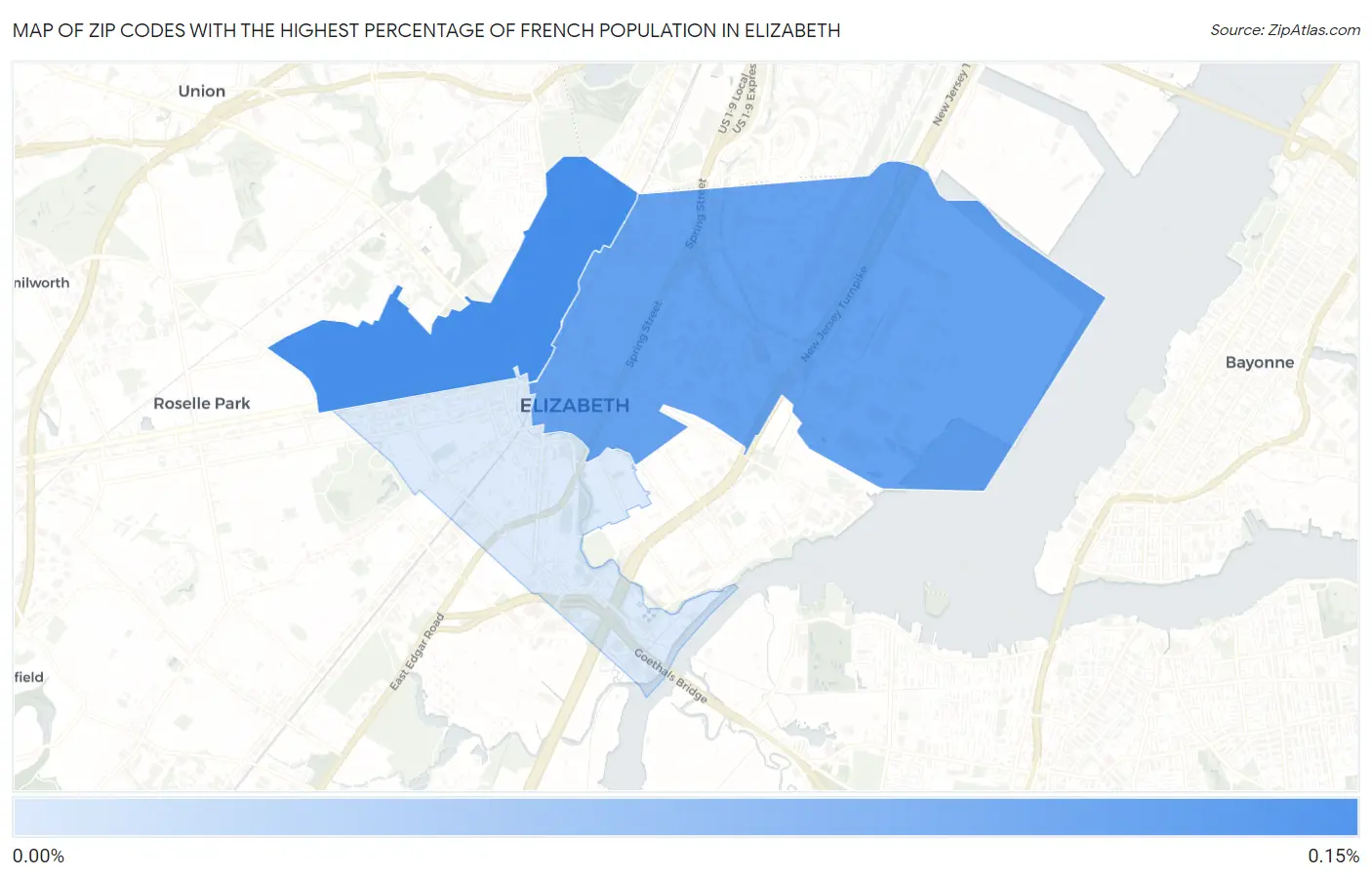 Zip Codes with the Highest Percentage of French Population in Elizabeth Map