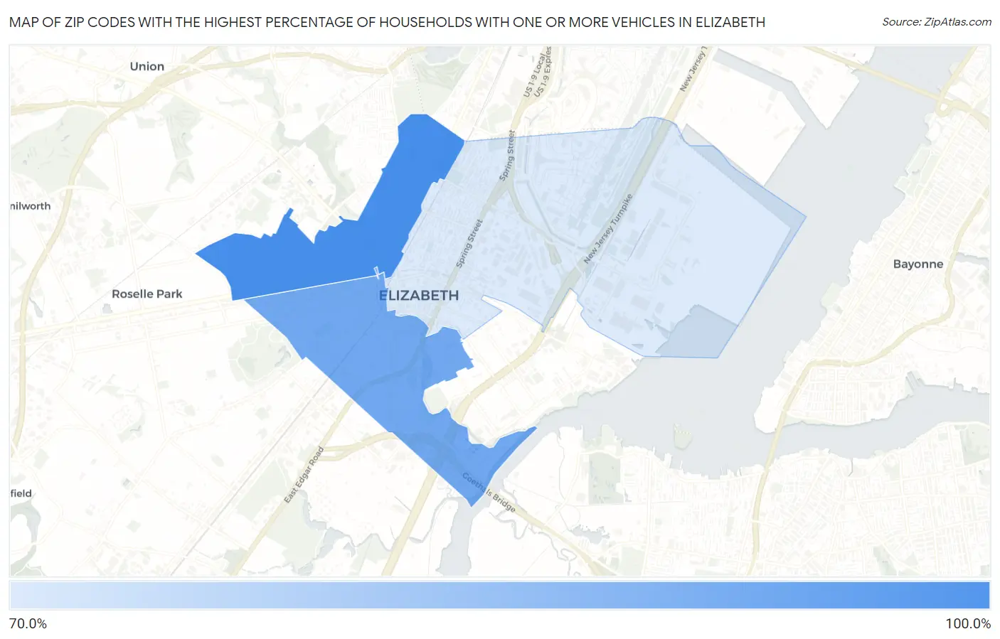 Zip Codes with the Highest Percentage of Households With One or more Vehicles in Elizabeth Map