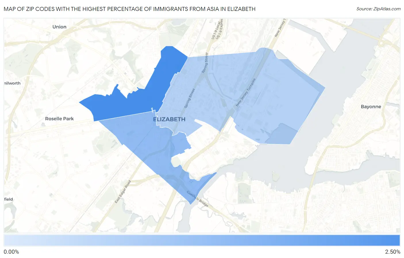 Zip Codes with the Highest Percentage of Immigrants from Asia in Elizabeth Map