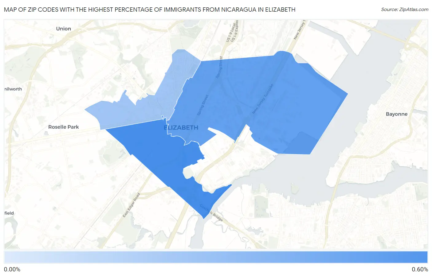 Zip Codes with the Highest Percentage of Immigrants from Nicaragua in Elizabeth Map